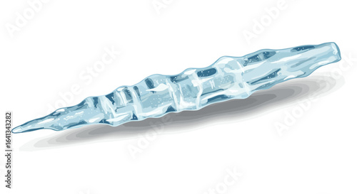 An ice stalactite clear and sharp rests on a light surface casting a soft shadow