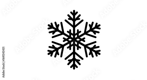 Black snowflake design on white background featuring six main branches  smaller offshoots
