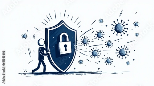 Protection concept: Person with shield and padlock defending against virus threats.