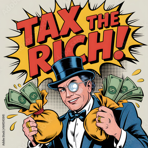 Pop Art Illustration of Businessman Advocating Wealth Redistribution with Bold