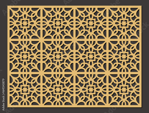 Intricate geometric laser cut pattern with repeating floral and square motifs, ideal for decorative screens and architectural elements vector
