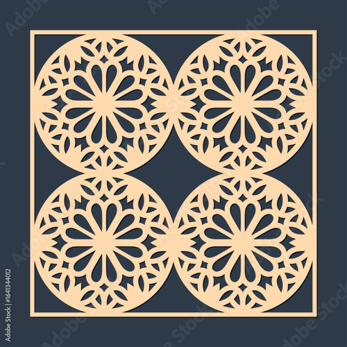 Intricate geometric pattern featuring four circular floral motifs within a square frame, showcasing delicate cutout designs and symmetrical artistry vector