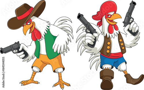 Cartoon cowboy roosters, revolvers, western outfits, brown hat, red bandana, confident stance, anthropomorphic animals, wild west theme, playful art