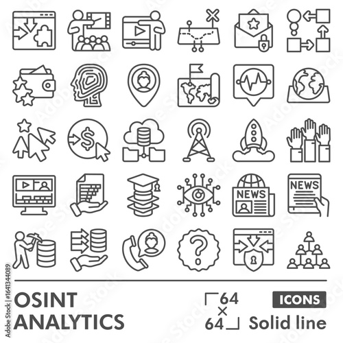 Osint analytics symbols collection or sketches, open source data theme with line style signs for web and app. Vector graphics isolated on white background.
