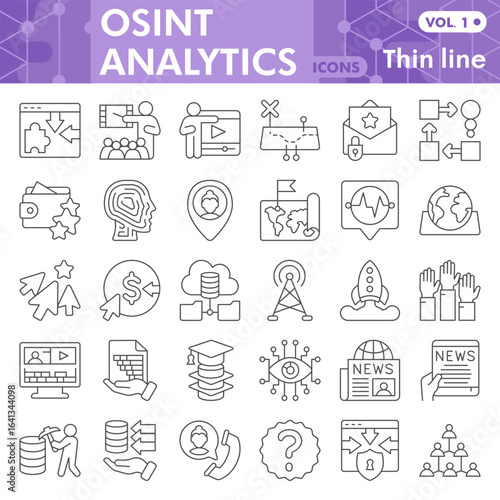 Osint analytics symbols collection or sketches, open source data theme with thin line style signs for web and app. Vector graphics isolated on white background.
