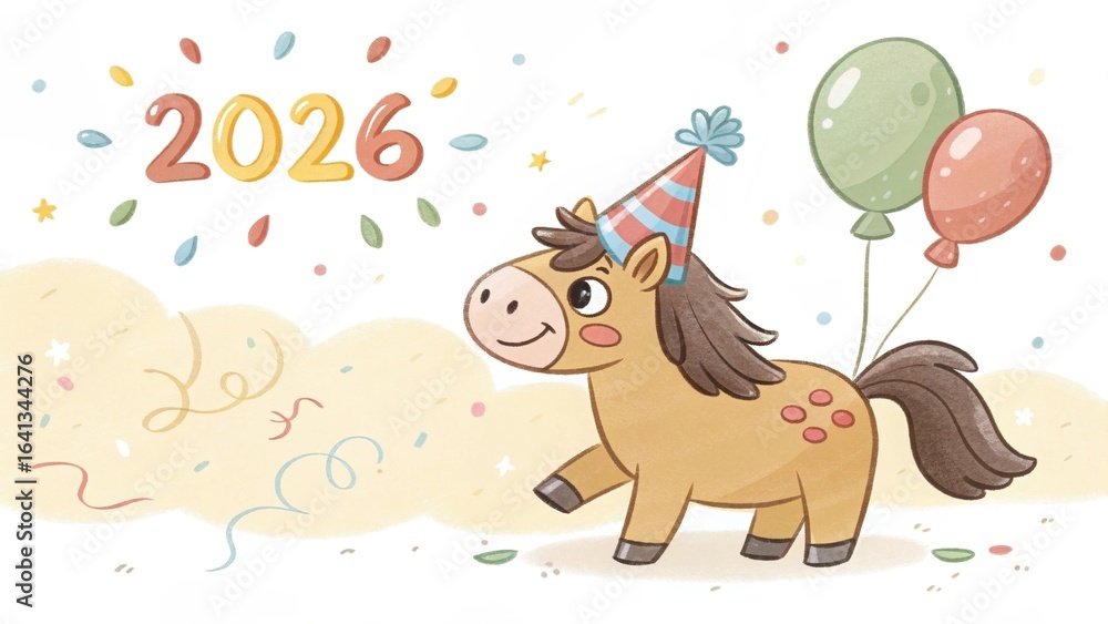 Naklejka premium Cute cartoon horse celebrating the New Year 2026, the Year of the Horse, with a party hat and balloons.