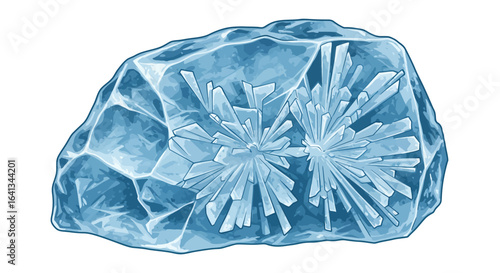 Ice block with internal crystal formations exhibiting sharp edges and frosty details