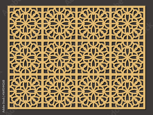 Intricate geometric floral pattern laser cut screen panel with repeating motif in golden yellow vector