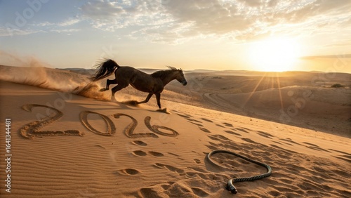  A powerful horse gallops away from a snake in the desert, symbolizing the transition from the Year of the Snake to the Year of the Horse 2026.