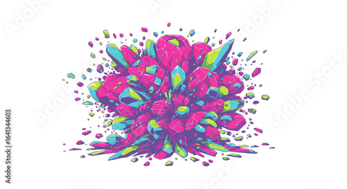 Pixel art of vibrant pink blue  green gem cluster scattered with small rock fragments on a white backdrop