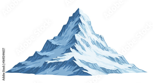 Snowcovered mountain with sharp peaks and blue shadows dominates a clear white background