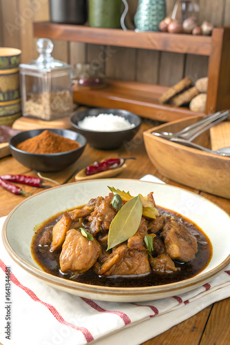 Delicious Filipino Adobo Chicken with Sauce and Bay Leaves
