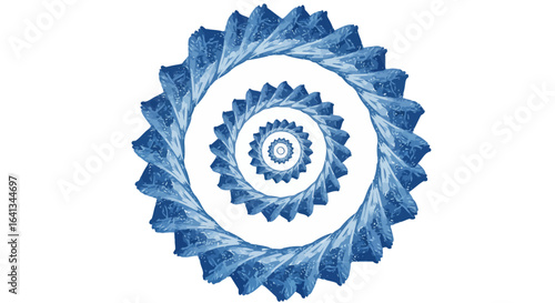 Spiraling blue gearlike forms diminish in concentric circles against a stark white backdrop
