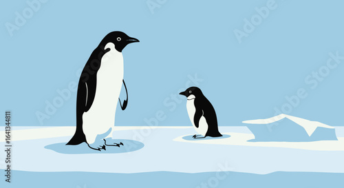 Two penguins stand on an ice field against a blue sky