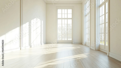 Wallpaper Mural A spacious, empty room with large windows and hardwood floors, illuminated by natural light. Torontodigital.ca