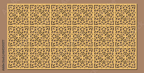 Intricate geometric pattern laser cut panel, a decorative element with repeating floral motifs and symmetrical design, perfect for architectural applications vector design