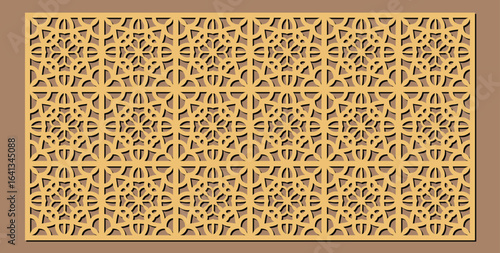 Intricate geometric laser cut panel featuring a repeating starburst pattern within square frames, creating a decorative screen or facade vector design