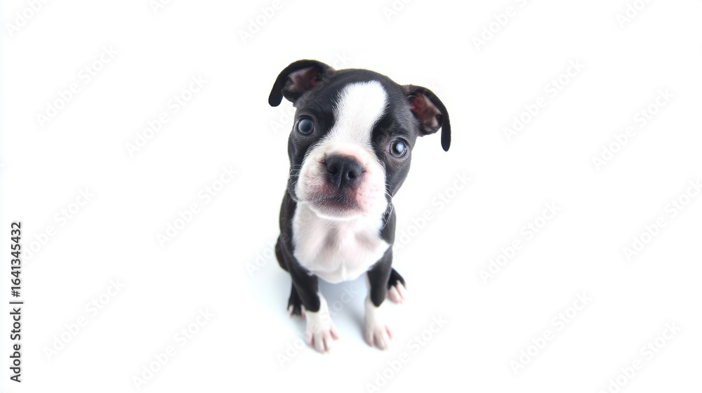 A small black puppy with white markings sits attentively on a plain white surface, featuring expressive blue eyes, A small black puppy with white markings sits attentively on a plain white surface, featuring expressive blue eyes,