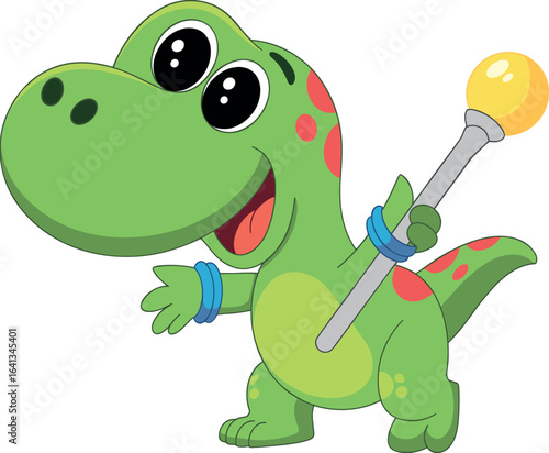 Cartoon dinosaur character, green body, red spots on head and tail, large expressive eyes, wide smiling mouth, holding staff with yellow orb, blue wristbands, friendly and playful appearance