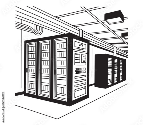 Black and White Illustration of a Data Center with Servers and Network Infrastructure Depicted in a Minimalist Style for Technology Concepts