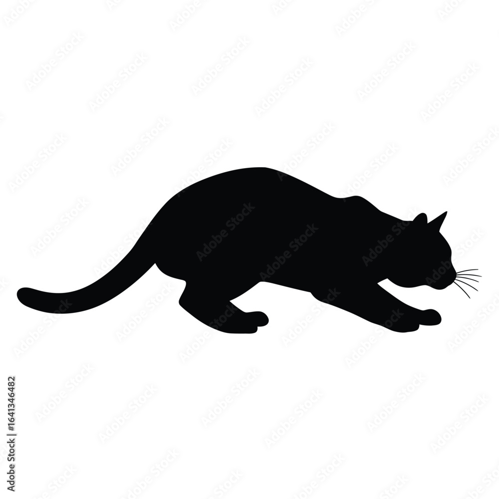 Fototapeta premium Silhouette of a cat crouching, isolated on white background
