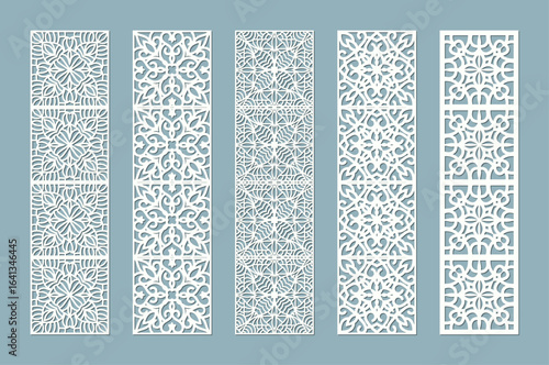 Set of five decorative laser cut panel templates with intricate arabesque pattern design vector