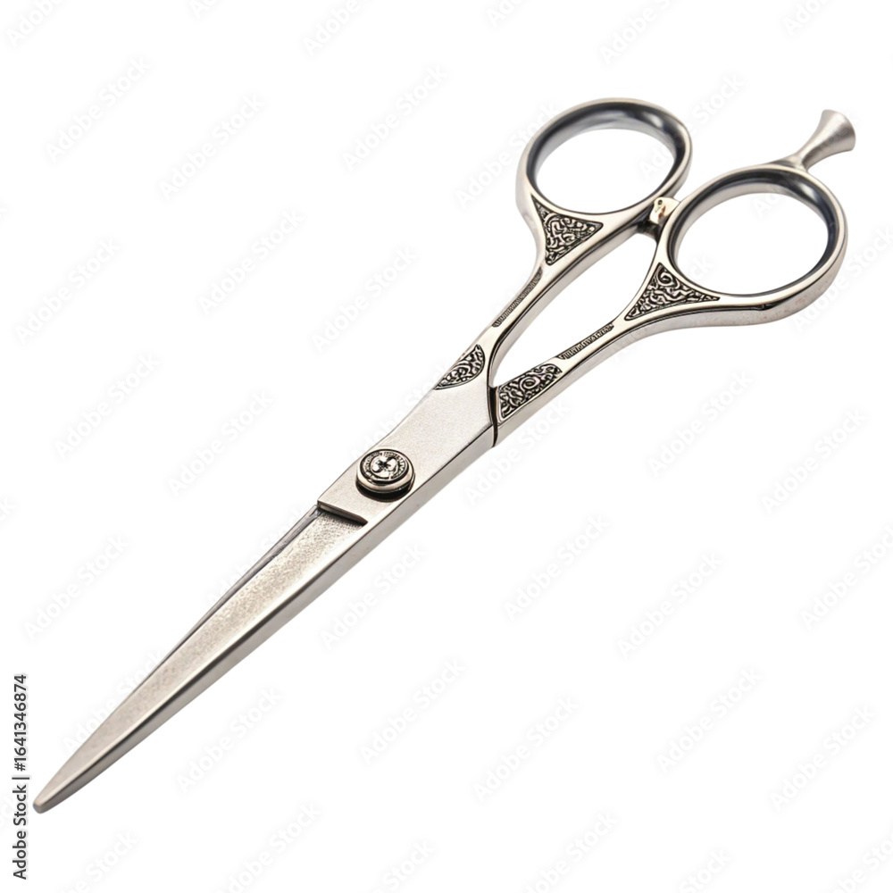 Obraz premium Ornate silver hair cutting shears with decorative handle isolated on transparent background