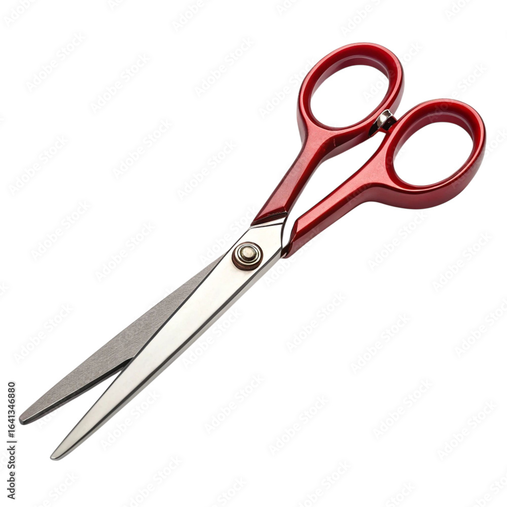 Fototapeta premium Shiny red handled barber scissors with silver blades isolated on transparent background