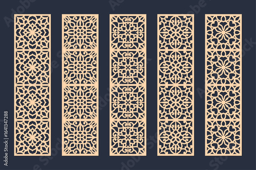 Decorative Laser Cut Lace Panels and Bookmark Vector Collection. Set of bookmarks templates. Cabinet fretwork panel. Lasercut metal panel. Wood carving. Vector.	