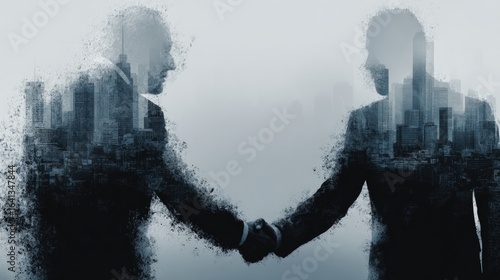Two businessmen shaking hands, city skyline superimposed
