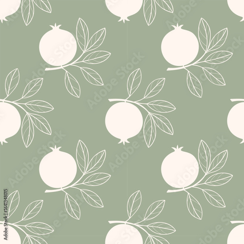 Pattern with pomegranate fruits on branch with leaves, stylized sonturic drawing, on pastel green background. Vector illustration