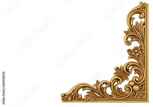 Ornate golden baroque corner element with intricate floral details on a clean white background, photographed in high resolution under soft studio lighting.