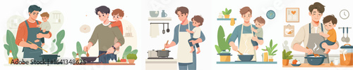 vector of young man cooking and carrying child