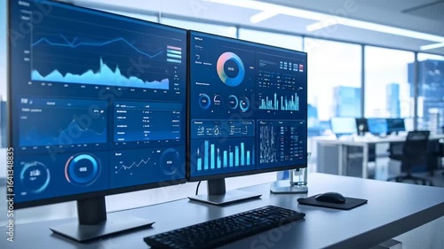 Wallpaper Mural Modern office workspace with dual monitors displaying financial data and graphs analysis Torontodigital.ca