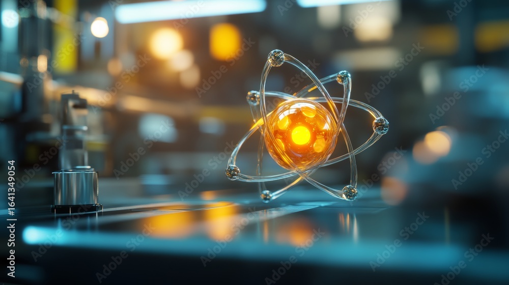 Glowing atomic model of fission inside a high-tech facility, conceptual 3D art Glowing atomic model of fission inside a high-tech facility, conceptual 3D art