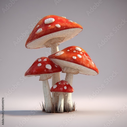 Three vibrant red toadstools with white spots, clustered together, on a plain light gray background