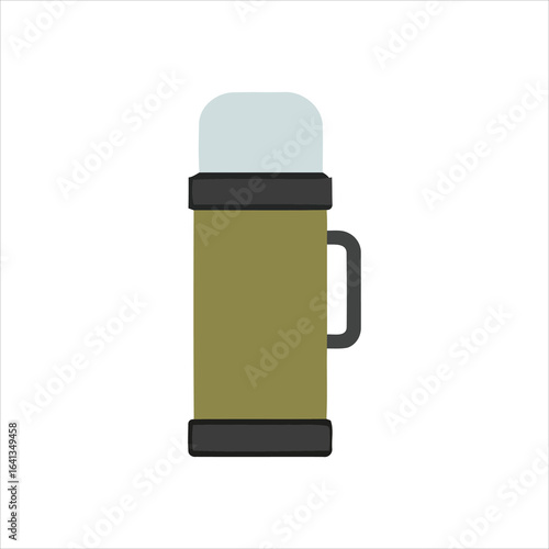 Flat vector icon of a classic travel vacuum flask for hot drinks. Insulated bottle for camping and hiking, isolated on white.