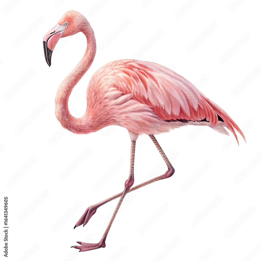 Obraz premium A graceful pink flamingo stands on one leg with its neck curved elegantly isolated on transparent background