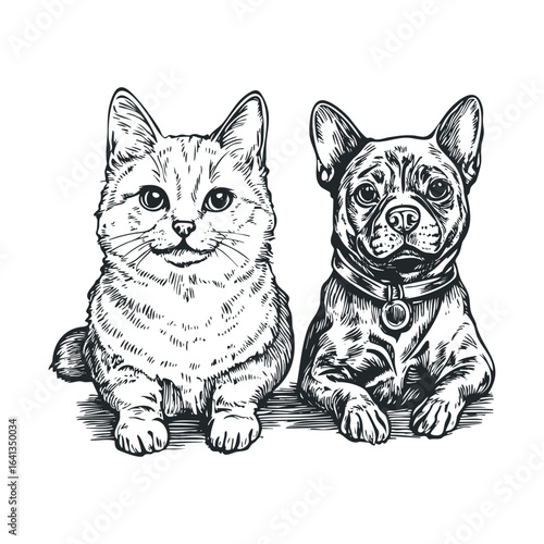 Companionship between cat and dog bring joy to homes and families. Vector retro hand drawn illustration