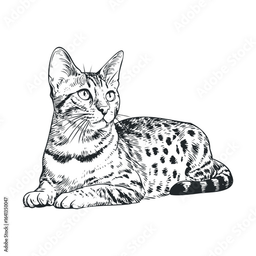 Detailed sketch of a spotted domestic cat in a relaxed pose. Vector retro hand drawn illustration