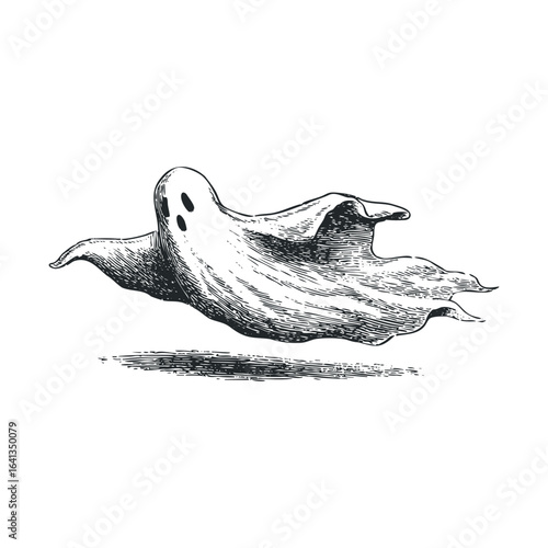 Whimsical ghost soaring in an eerie atmosphere during Halloween season. Vector retro hand drawn illustration