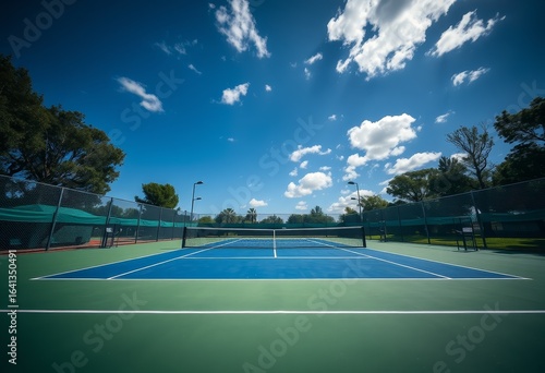 Bright Sunny Day at Outdoor Tennis Court with Blue Sky and White Clouds 