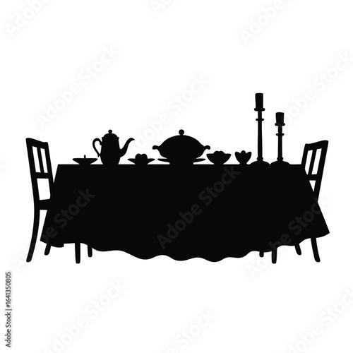 Black silhouette of a formal dining table setting formal dinner