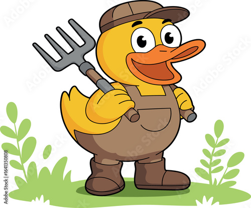 Cartoon duck farmer with pitchfork, brown overalls and boots, whimsical animal character in grassy field, playful farming illustration