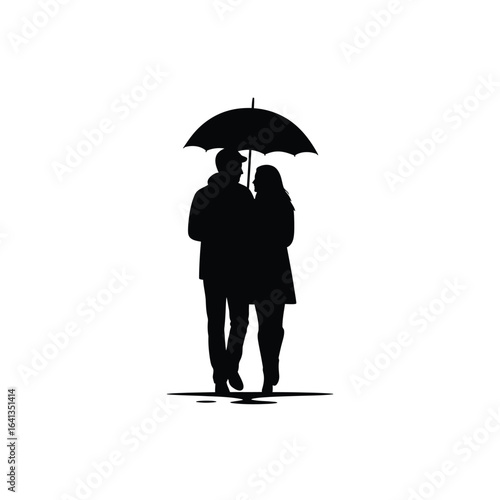 Silhouette of a couple walking under an umbrella, isolated on white background