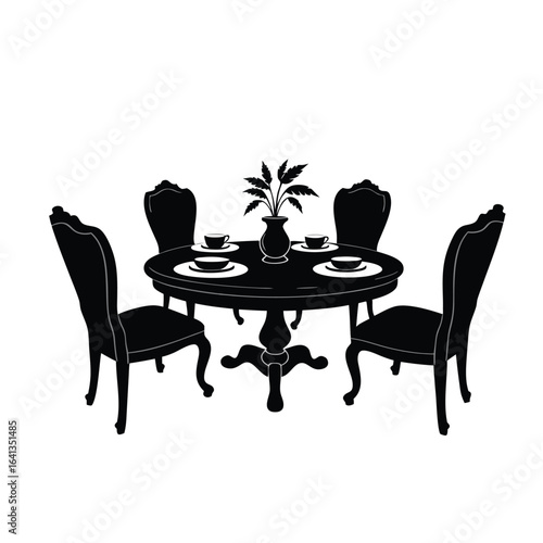 Black silhouette of dining table and chairs with tea set