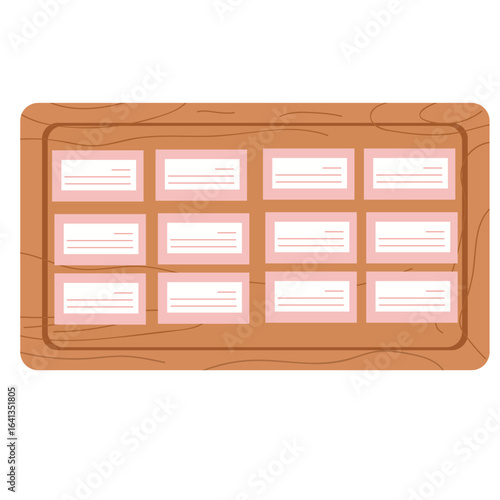 Flat style illustration of a wooden board displaying multiple name tags, ideal for office, school, or event concepts.