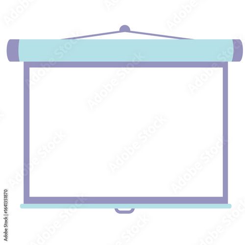 Minimalist flat illustration of a hanging projection screen in blue and purple tones for office, classroom, or presentation use.