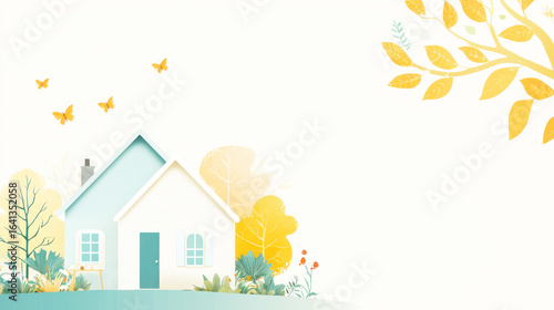 A cozy house with a blue roof and white walls, surrounded by autumn leaves and butterflies, with a green lawn and a wooden fence in the background.
