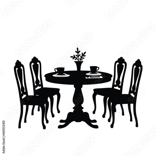Black silhouette of dining table with chairs and cups
